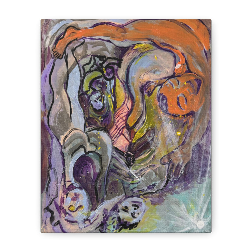 An abstract painting on canvas featuring a dynamic composition of curved human figures in orange, purple, gray, green, and yellow tones, with a white border around the artwork.