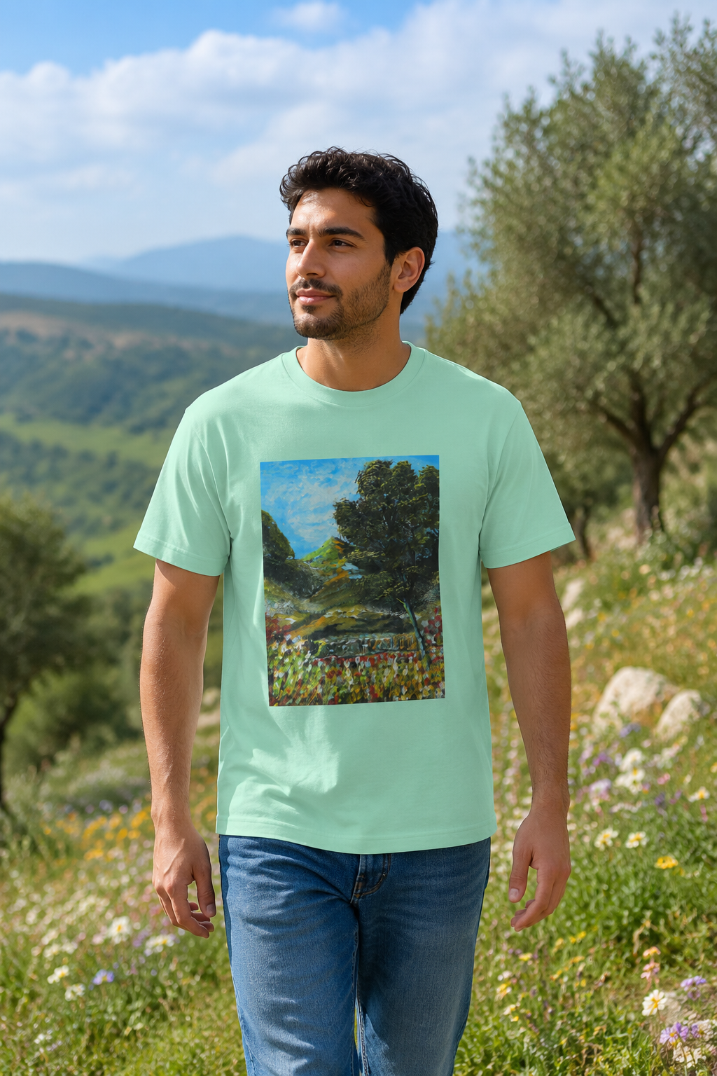 Where Meadows Meet the Sky | حيث تلتقي المروج بالسماء — Art T-Shirt Featuring an Original Painting by Ali Hadid