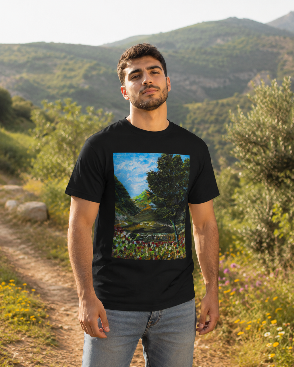 Where the Meadows Meet the Sky | حيث تلتقي المروج بالسماء — Ali Hadid Art T-Shirt