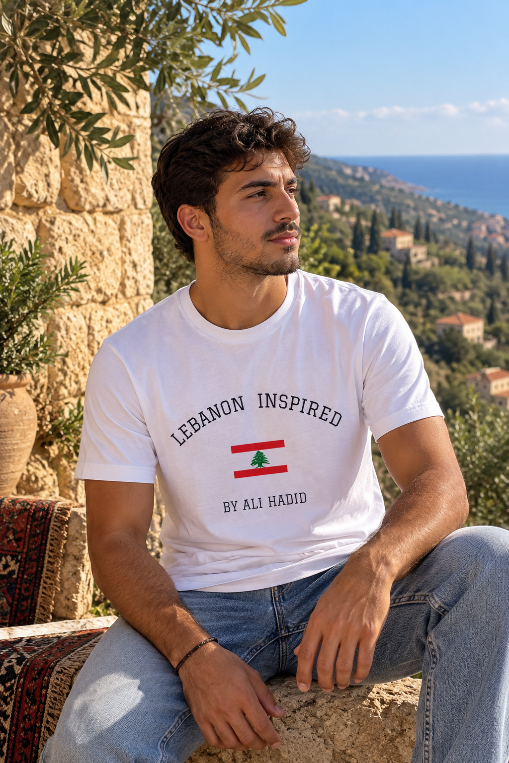 A man wearing a white graphic t-shirt with 'LEBANON INSPIRED BY ALI HADID' and a Lebanese flag graphic, sitting outdoors against a stone wall with a scenic Mediterranean background.
