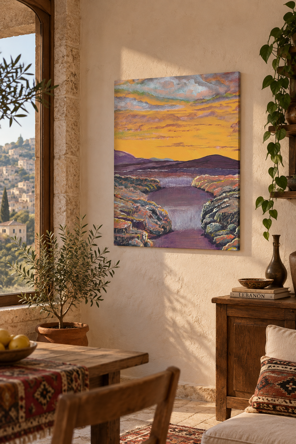 A vertical canvas art print depicting a scenic landscape with a river, mountains, and a golden sunset sky, styled on a warm beige wall in a rustic dining room setting.