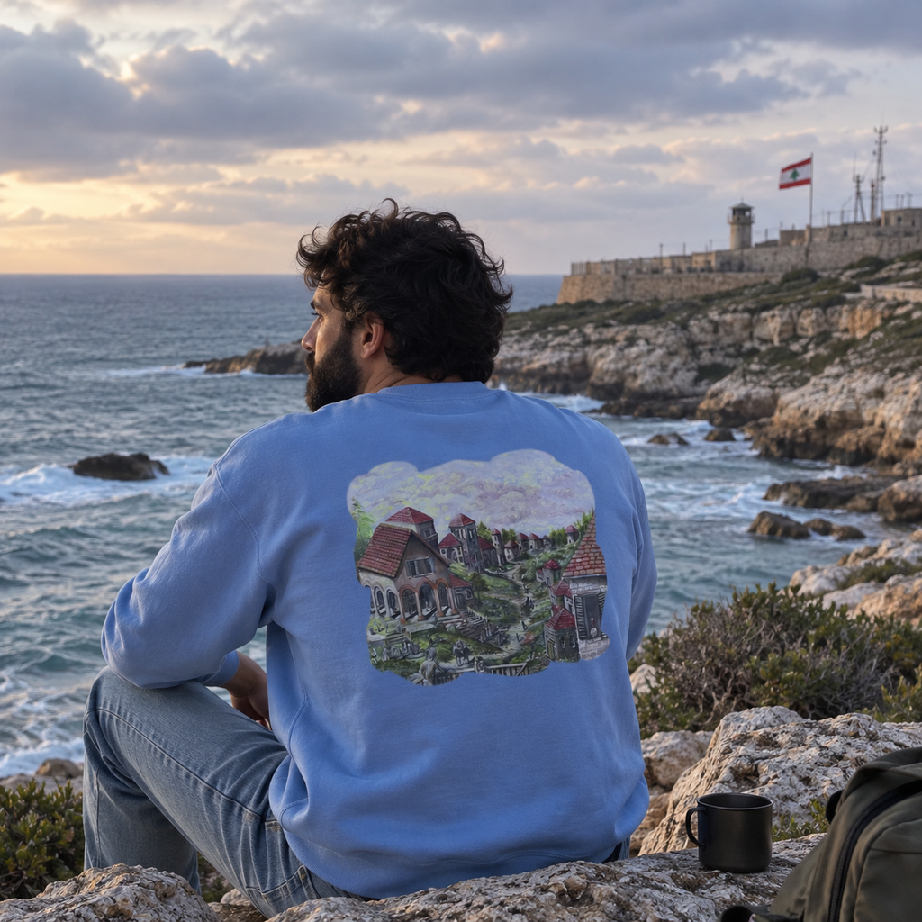 A man sits on a rocky cliff overlooking the ocean, seen from behind. He is wearing a light blue crewneck sweatshirt with a large graphic print on the back depicting a coastal village scene.