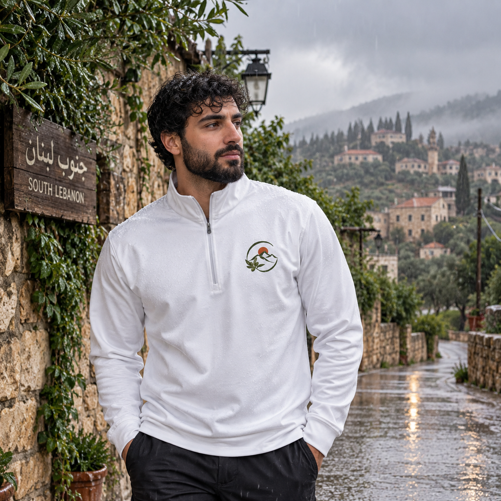 A man wearing a white long-sleeve quarter-zip pullover with a small mountain logo on the left chest, standing on a wet stone street in a village with mountains in the background.