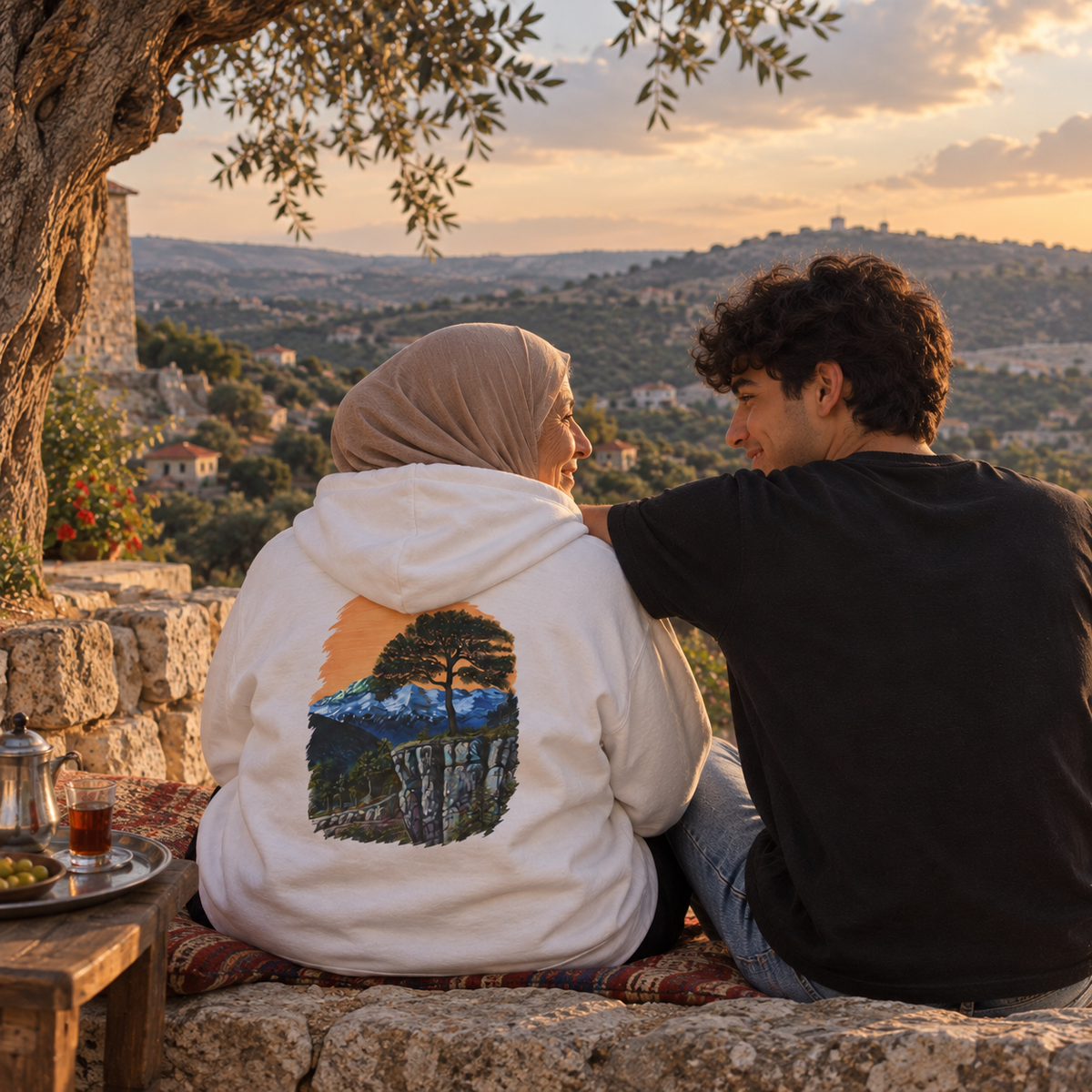 A couple sitting together outdoors on a stone ledge at sunset, with the woman wearing a white hoodie featuring a large scenic mountain and tree graphic on the back. The background shows a scenic hillside landscape with buildings and trees under a warm sky.